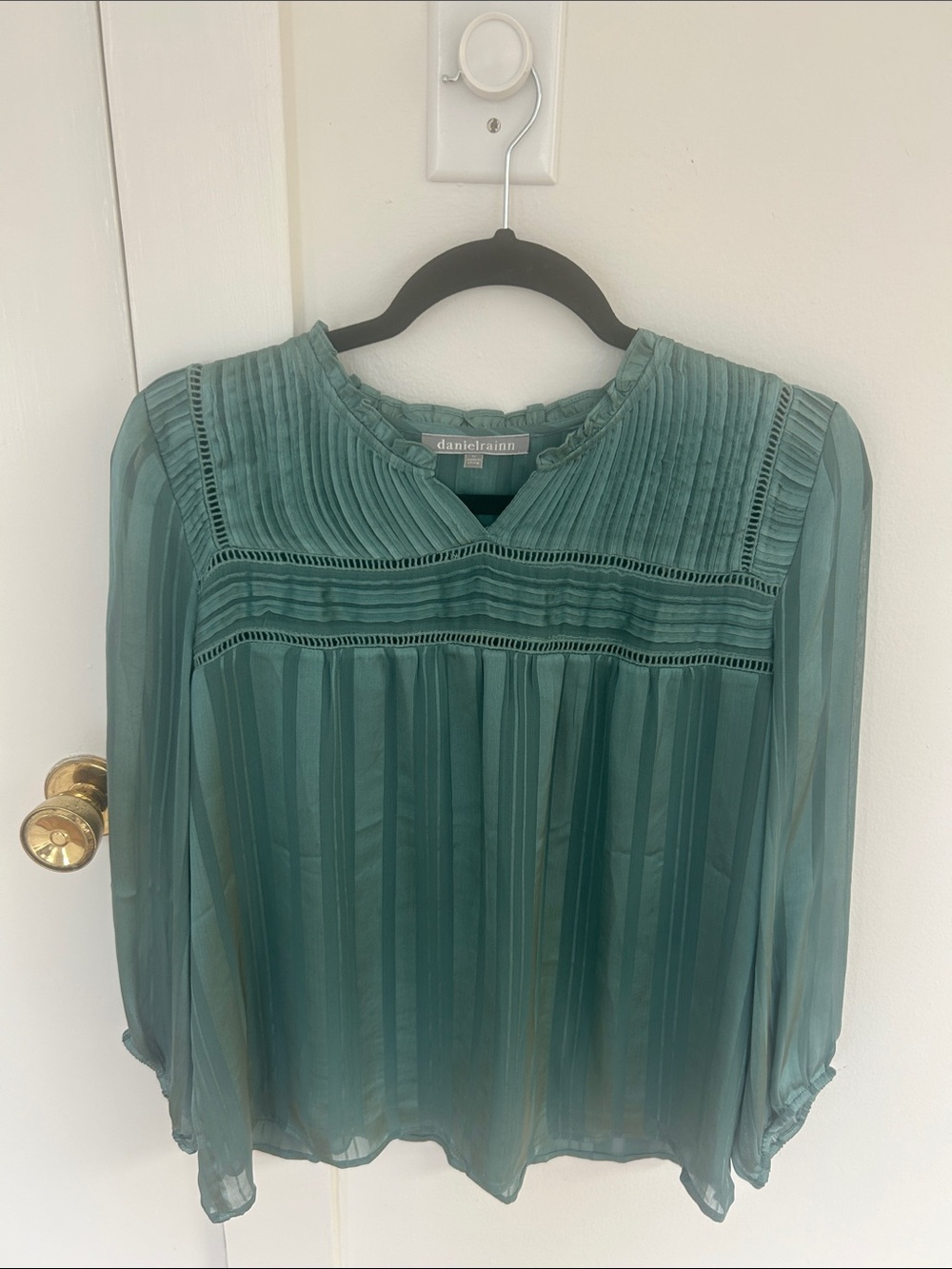 Daniel Rainn Teal Pleated Pintuck V-Neck Blouse